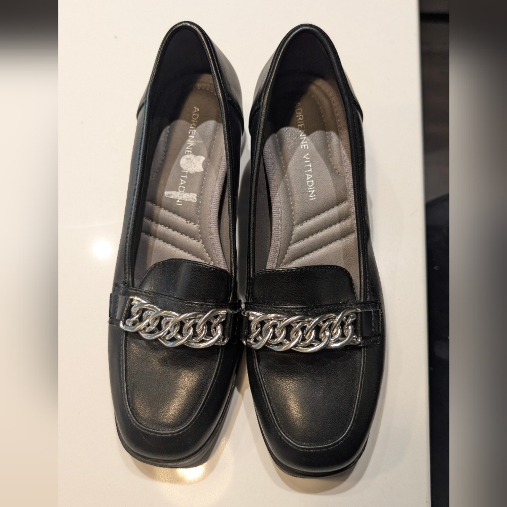 Adrienne Vittadini Black Loafers with Silver Chain